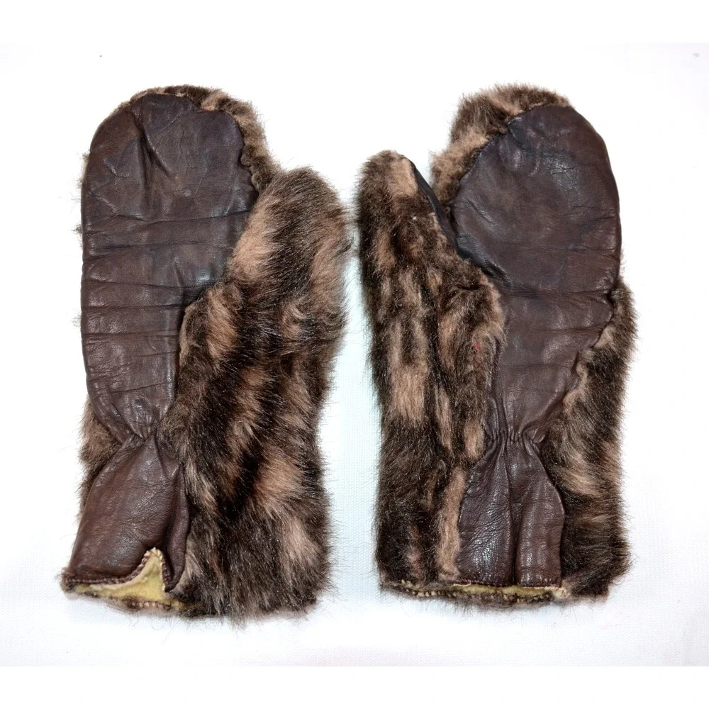 Vintage Faux‎ Fur Hat & Sherpa Lined Gloves Brown Variegated